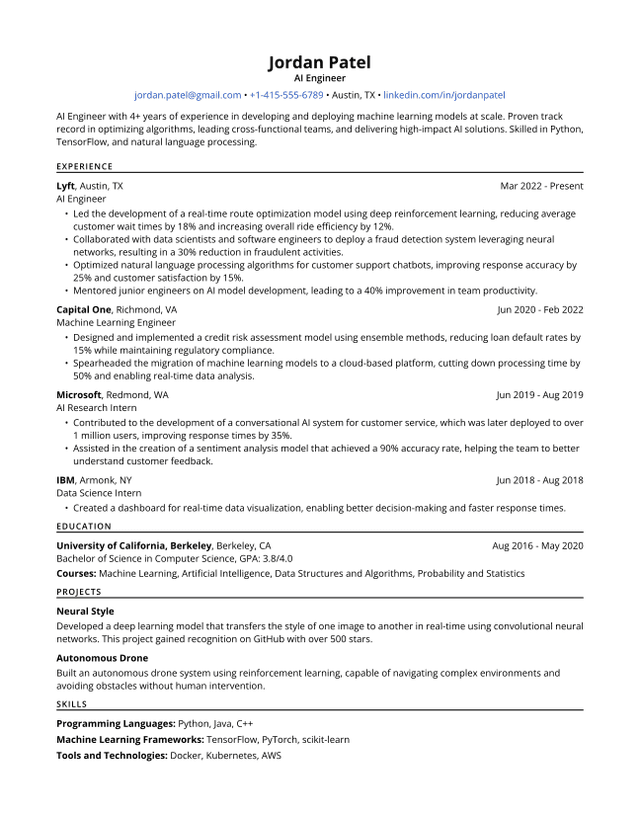 AI Engineer Resume Sample