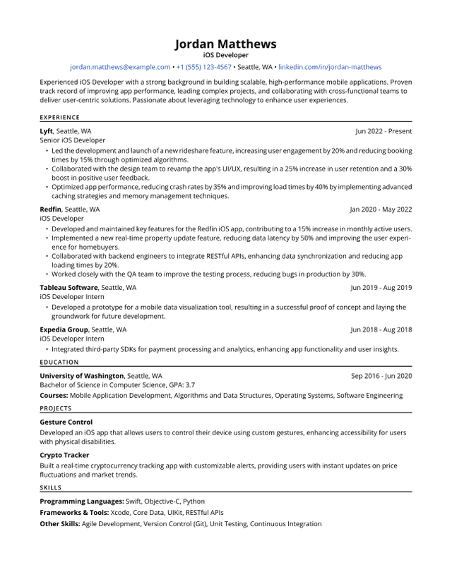 iOS Developer Resume Sample